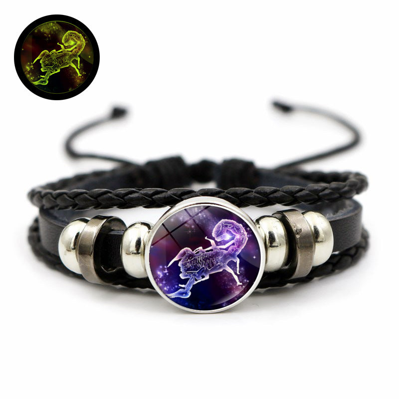 Doce de la constelación al por mayor brillo de piedra en la oscura pulsera de cuero con cuentas tejidas a mano